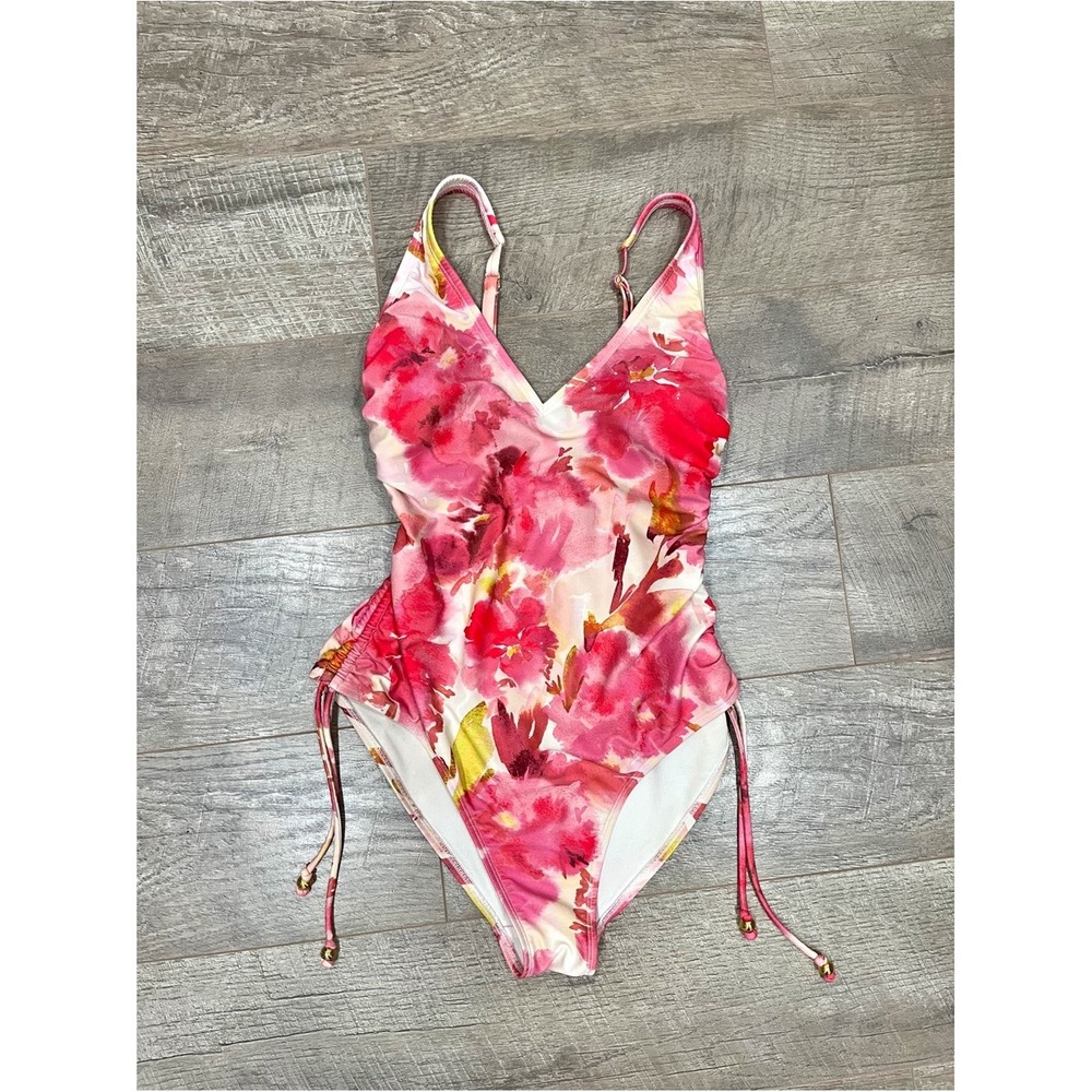 Shade & Shore Pink Floral Ruched V-Neck One Piece Swimsuit Size Small 4-6 - Picture 11 of 13